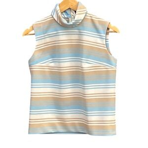 Vintage Act III Striped Mock Neck Top Mod Retro Sleeveless Blue Tan White 1960s